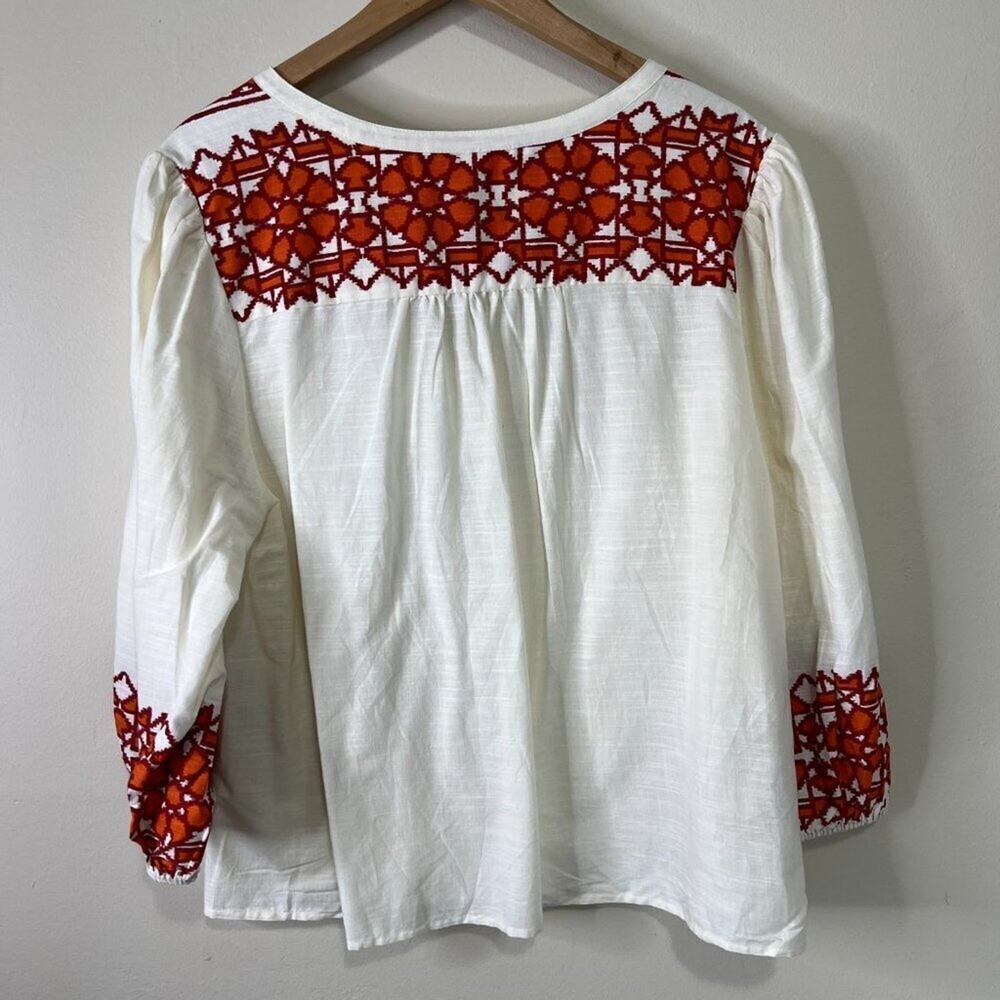 Knox Rose Abstract Print Woven Top Size L Cream Balloon 3/4 Sleeve V Neck - Picture 5 of 6